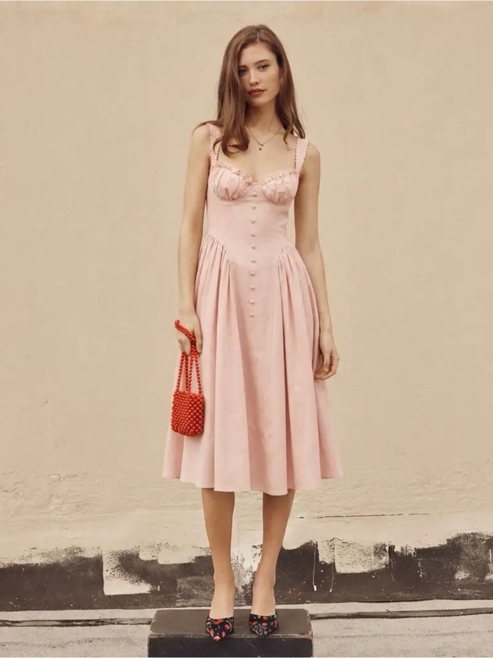 Pink Midi Flared Lace Up Dress